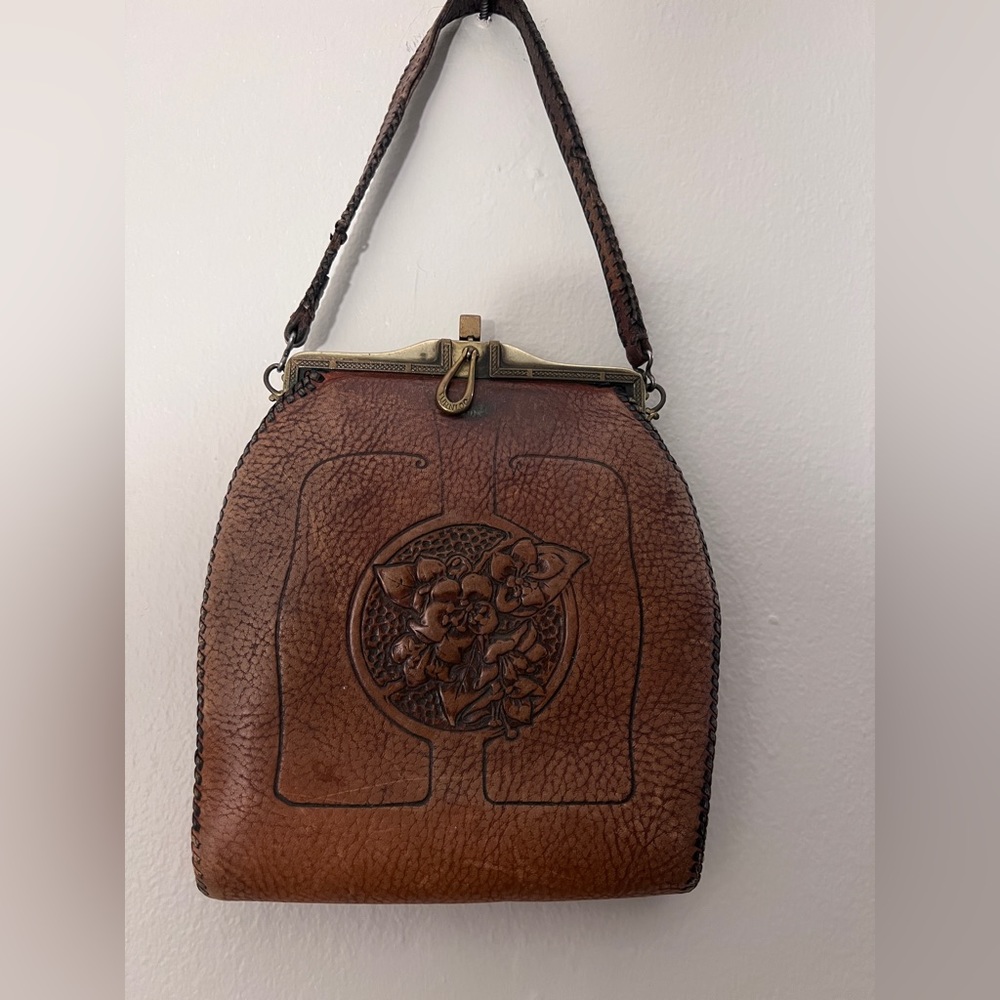 Antique Art Nouveau Teitzel Tooled Leather Purse Bag.